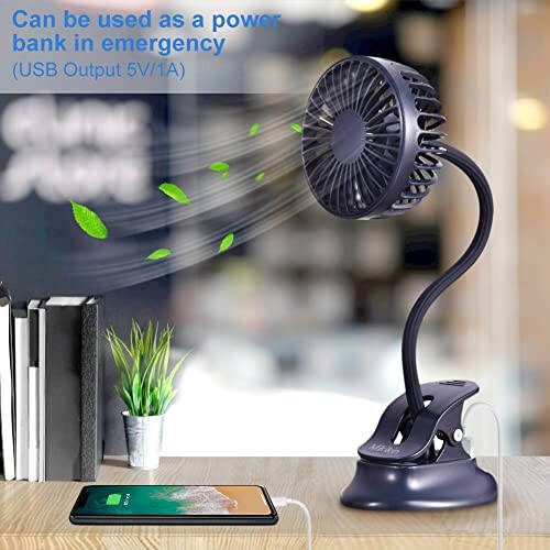 Mikikin Clip on Small Mini Fan, Portable Usb Battery Operated Rechargeable Quiet Personal Desk/ Baby Stroller Fan 3 Speeds Flexible Neck Great for Bed Office Car Dorm Travel Camping Beach - 2