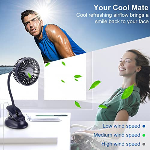 Mikikin Clip on Small Mini Fan, Portable Usb Battery Operated Rechargeable Quiet Personal Desk/ Baby Stroller Fan 3 Speeds Flexible Neck Great for Bed Office Car Dorm Travel Camping Beach - 3