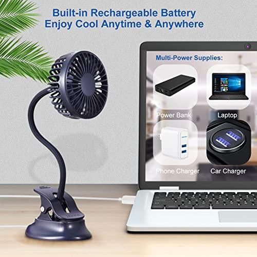 Mikikin Clip on Small Mini Fan, Portable Usb Battery Operated Rechargeable Quiet Personal Desk/ Baby Stroller Fan 3 Speeds Flexible Neck Great for Bed Office Car Dorm Travel Camping Beach - 4