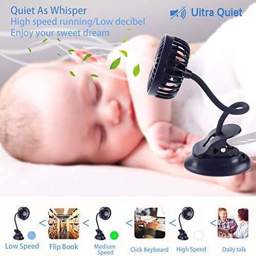 Mikikin Clip on Small Mini Fan, Portable Usb Battery Operated Rechargeable Quiet Personal Desk/ Baby Stroller Fan 3 Speeds Flexible Neck Great for Bed Office Car Dorm Travel Camping Beach - 5