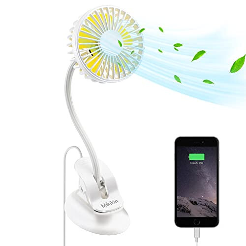 Mikikin Klipsli Küçük Mini Fan, Taşınabilir Usb Pil Ile Çalışan Fan, Şarj Edilebilir Bebek Arabası Fanı, Sessiz Kişisel Masa Fanı 3 Hızlı Esnek Boyun Yatak, Ofis, Araba, Yurt, Kamp, Plaj İçin Mükemmel, Beyaz - 1