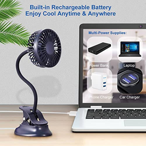 Mikikin Klipsli Küçük Mini Fan, Taşınabilir Usb Pil ile Çalışan Şarj Edilebilir Sessiz Kişisel Masa/Bebek Arabası Fanı 3 Hız Ayarı Esnek Boyun Yatak, Ofis, Araba, Yurt, Seyahat, Kamp, Plaj İçin Mükemmel - 4