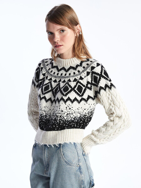 Milano - Bicycle Neck Soft Textured Jacquard Knit Sweater - Black and White - 8