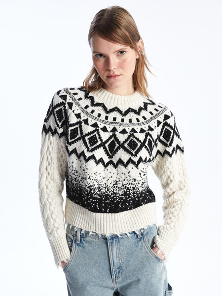 Milano - Bicycle Neck Soft Textured Jacquard Knit Sweater - Black and White - 1