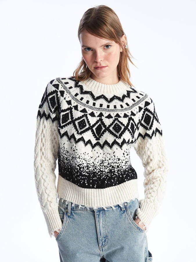 Milano - Bicycle Neck Soft Textured Jacquard Knit Sweater - Black and White - 11