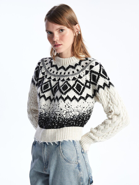 Milano - Bicycle Neck Soft Textured Jacquard Knit Sweater - Black and White - 13