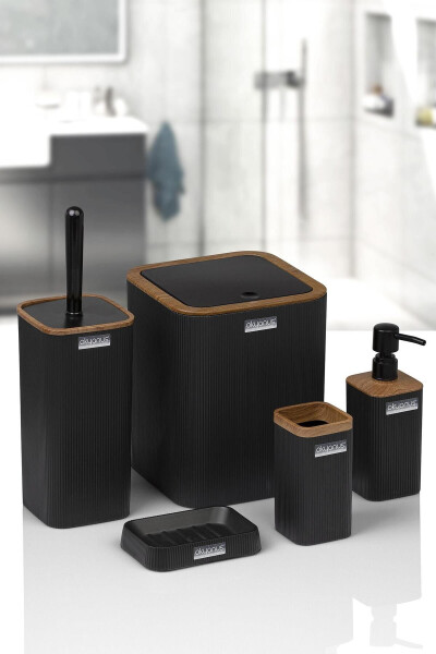 Mina Black Wooden Patterned Striped Square 5-Piece Bathroom Set - 1