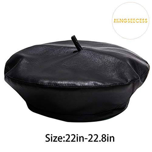 MINGSEECESS Women PU Leather French Black Beret Hat Casual Beanie Hat - 6