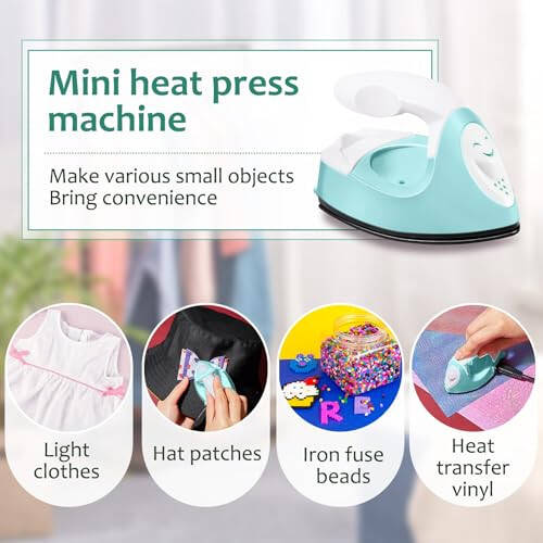 Mini Craft Iron Mini Heat Press Mini Iron Portable Handy Heat Press Small Iron with Charging Base Accessories for Fuse Beads Patch DIY Shoes T-shirts Heat Transfer Vinyl Projects(Mint Green) - 5