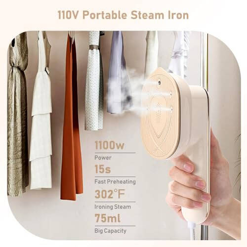 Mini Steam Iron for Clothes, 1100W Portable Steamer Travel Mini Steam Iron, Iron Steamer Support Dry and Wet Ironing 2 in 1 Fast Heat-Up for Home Travel College (Beige) - 2