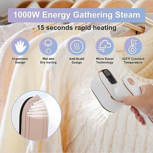 Mini Steam Iron, Travel Steamer for Clothes, 1000W Portable Handheld Steamer Support Dry and Wet Ironing 180° Rotatable Small Iron for Home and Travel, White, 6.3x4.3x3.1 in - 2