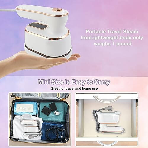 Mini Steam Iron, Travel Steamer for Clothes, 1000W Portable Handheld Steamer Support Dry and Wet Ironing 180° Rotatable Small Iron for Home and Travel, White, 6.3x4.3x3.1 in - 6