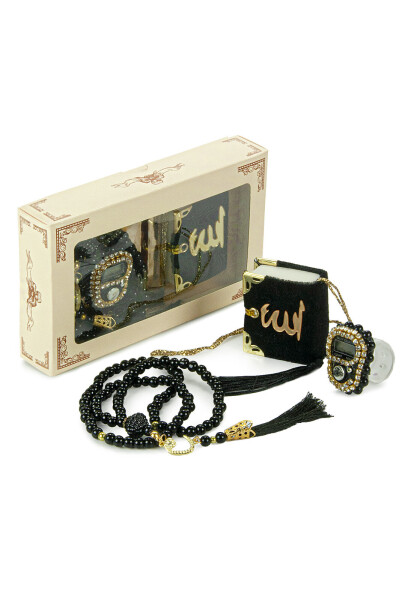 Mini Velvet Quran Set with Tasbih and Pearl Prayer Beads - Black - 1