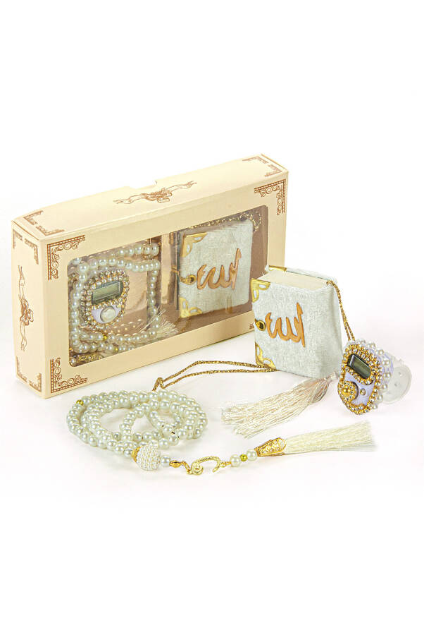 Mini Velvet Quran Set with Tasbih and Pearl Prayer Beads - White - 1