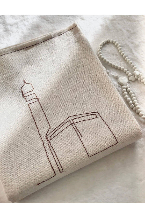 Minimal Kabe embroidered linen prayer rug, prayer mat, dowry gift bag rug. - 1