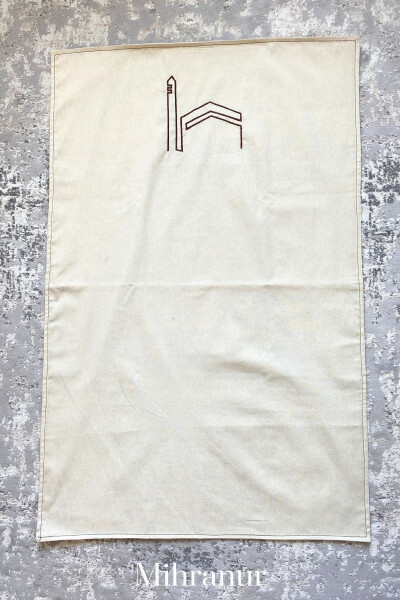 Minimal linen prayer rug with Kaaba embroidery. Perfect for dowry, trousseau or gift. - 5