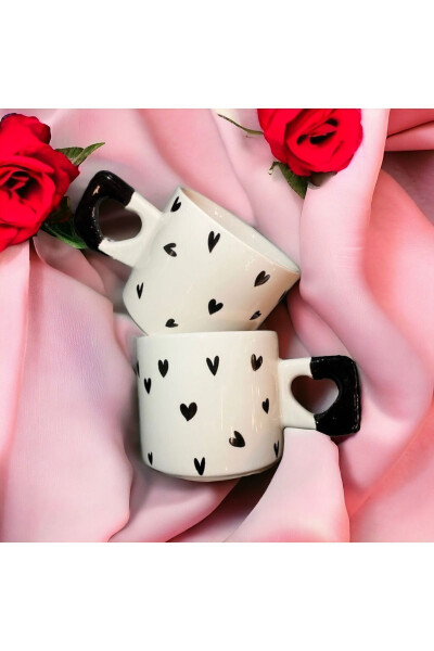 Minimalist Set of 2 Black Heart Patterned Handmade Natural Ceramic Heart Mug - Tea & Coffee Cup - 2