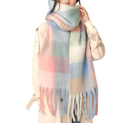 MININAI Chunky Winter Scarfs for Women Cold Weather Warm Knit Thick Plaid Scarf Long Large Oversized Checked Scarves - 1