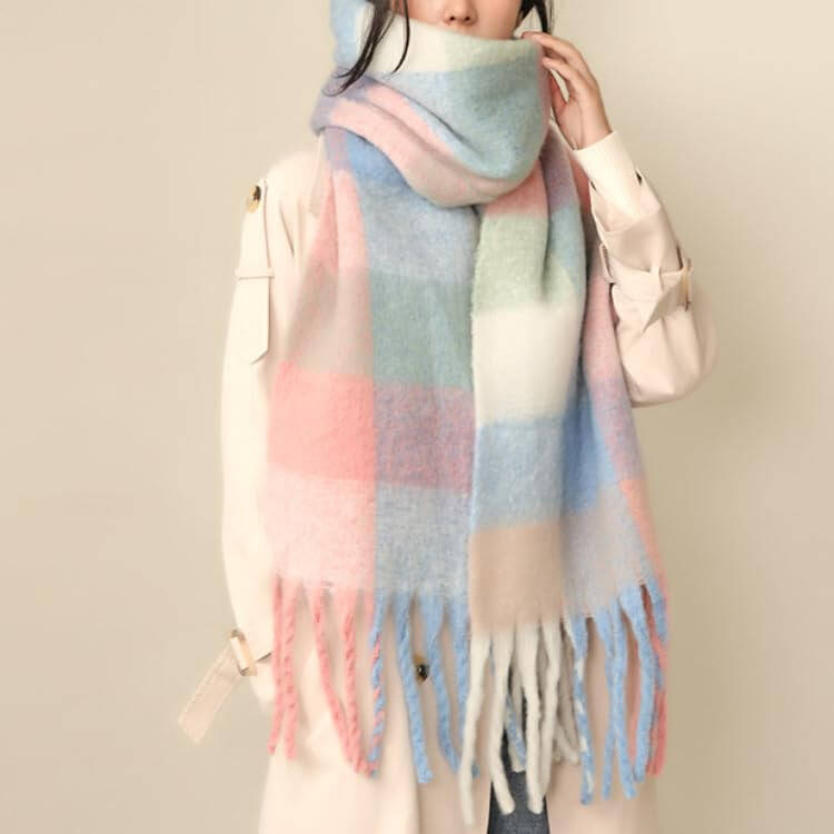 MININAI Chunky Winter Scarfs for Women Cold Weather Warm Knit Thick Plaid Scarf Long Large Oversized Checked Scarves - 2