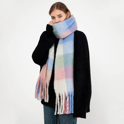 MININAI Chunky Winter Scarfs for Women Cold Weather Warm Knit Thick Plaid Scarf Long Large Oversized Checked Scarves - 4