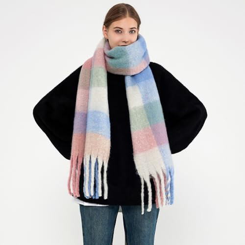 MININAI Chunky Winter Scarfs for Women Cold Weather Warm Knit Thick Plaid Scarf Long Large Oversized Checked Scarves - 5