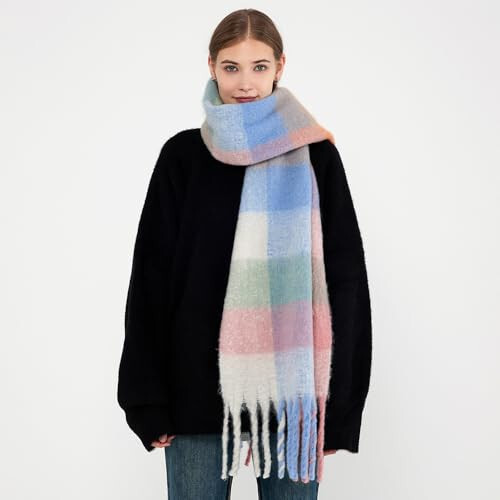 MININAI Chunky Winter Scarfs for Women Cold Weather Warm Knit Thick Plaid Scarf Long Large Oversized Checked Scarves - 6