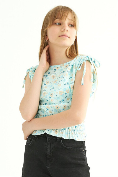 Mint Green Floral Sleeveless Blouse for Girls - 2