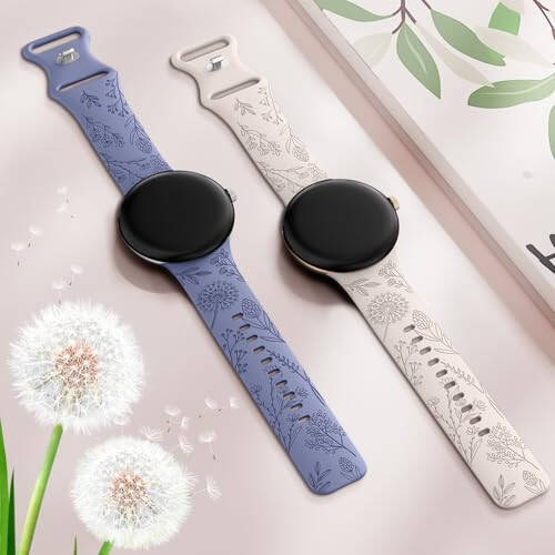 Minyee 2 Packs Floral Engraved Bands Compatible with Google Pixel Watch 2/Google Pixel Watch Band Women, Cute Soft Silicone Flower Sport Fancy Summer Straps for Pixel Watch 2/Pixel Smart Watch - 4