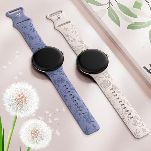 Minyee 2 пакета браслетов с флористической гравировкой, совместимые с Google Pixel Watch 2/Google Pixel Watch Band для женщин, милые мягкие силиконовые цветочные спортивные изысканные летние ремешки для Pixel Watch 2/Pixel Smart Watch - 4