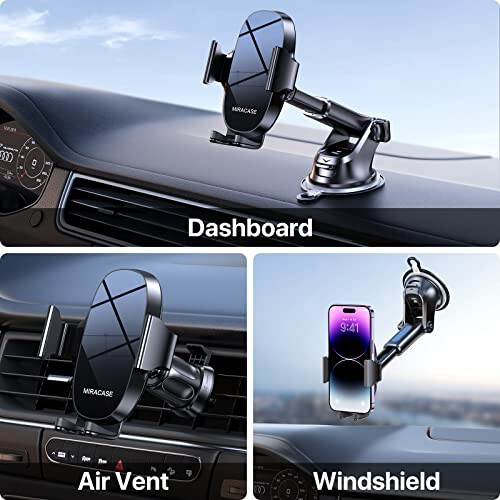 Miracase 3-in-1 Cell Phone Holders for Your Car, Universal Car Phone Holder Mount for Car Dashboard Air Vent Windshield Compatible with iPhone 15 14 13 12 11 Pro Max Xs XR X, Galaxy Black - 2