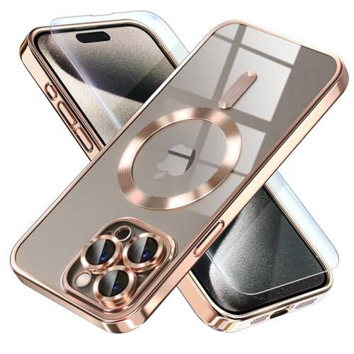 Misea Magnetic iPhone 15 Pro Max Case with MagSafe [Never Yellowing] [Military Grade Drop Protection] Full Camera Lens Protector Plating Soft Clear Phone Case for Women Girls, Gold - 1