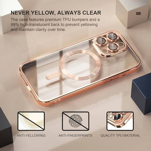 Misea Magnetic iPhone 15 Pro Max Case with MagSafe [Never Yellowing] [Military Grade Drop Protection] Full Camera Lens Protector Plating Soft Clear Phone Case for Women Girls, Gold - 3