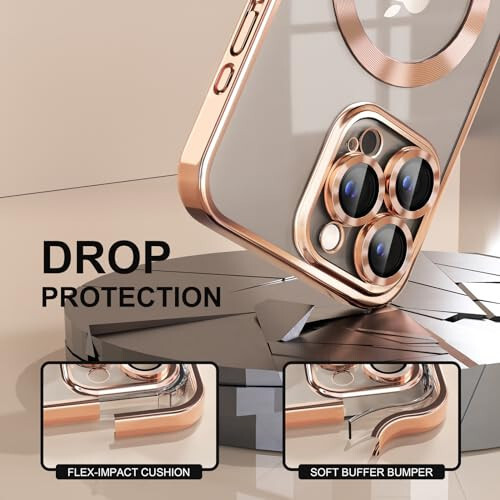 Misea Magnetic iPhone 15 Pro Max Case with MagSafe [Never Yellowing] [Military Grade Drop Protection] Full Camera Lens Protector Plating Soft Clear Phone Case for Women Girls, Gold - 4