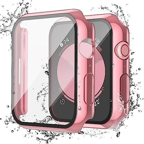 Misxi [2 Pack] for Apple Watch Series 6 SE Series 5 Series 4 44mm Waterproof Anti-Scratch Case with Button, Hard PC Cover with Tempered Glass Screen Protector for iWatch, 1 Rose Pink + 1 Transparent - 1