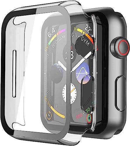 Misxi 2 Pack Hard PC Case with Tempered Glass Screen Protector Compatible with Apple Watch Series 4 Series 5 Series 6 SE 44mm, Scratch Resistant Overall Protective Cover for iWatch, Clear - 1