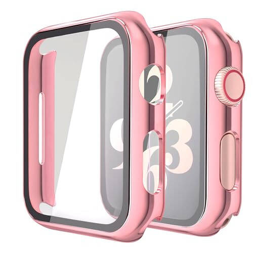 Misxi 2 Pack Hard PC Case with Tempered Glass Screen Protector Compatible with Apple Watch Series 6 SE Series 5 Series 4 44mm, 1 Rose Pink + 1 Transparent - 1