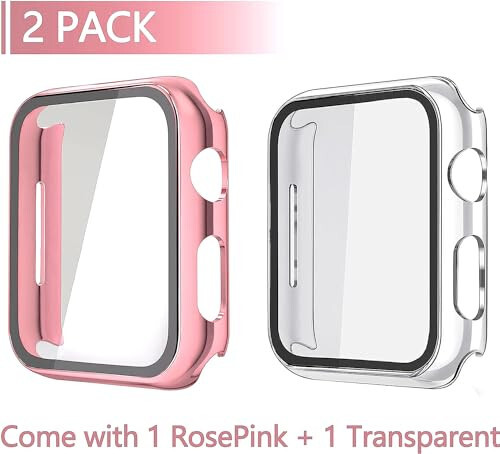 Misxi 2 Pack Hard PC Case with Tempered Glass Screen Protector Compatible with Apple Watch Series 6 SE Series 5 Series 4 44mm, 1 Rose Pink + 1 Transparent - 2