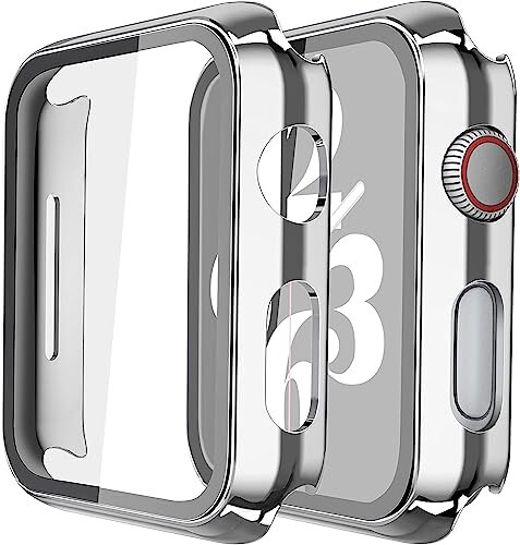 Misxi 2 Pack Hard PC Case with Tempered Glass Screen Protector Compatible with Apple Watch Series 6 SE Series 5 Series 4 44mm, 1 Silver + 1 Transparent - 1