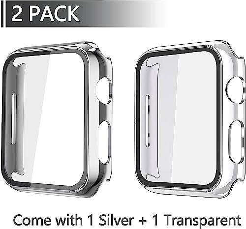 Misxi 2 Pack Hard PC Case with Tempered Glass Screen Protector Compatible with Apple Watch Series 6 SE Series 5 Series 4 44mm, 1 Silver + 1 Transparent - 2