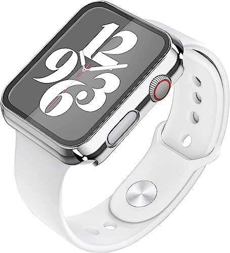 Misxi 2 Pack Hard PC Case with Tempered Glass Screen Protector Compatible with Apple Watch Series 6 SE Series 5 Series 4 44mm, 1 Silver + 1 Transparent - 4