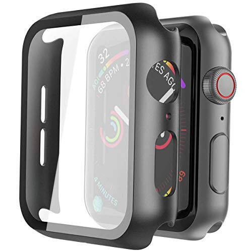 Misxi 2 Pack Hard PC Case with Tempered Glass Screen Protector Compatible with Apple Watch Series 6 SE Series 5 Series 4 44mm, Black - 1