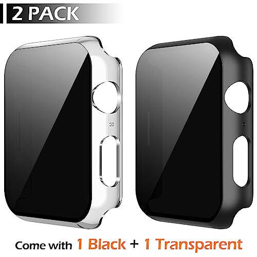 Misxi 2 Pack Protective Privacy PC HD Case for Apple Watch Series 6 SE Series 5 Series 4 44mm, Shockproof Thin Cover with Anti-Spy Tempered Glass Screen Protector for iWatch, 1 Black + 1 Transparent - 2