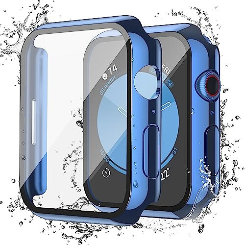 Misxi [2 Pack] Waterproof Anti-Scratch Case with Button for Apple Watch Series 6 SE Series 5 Series 4 44mm, Hard PC Cover with Tempered Glass Screen Protector for iWatch, 1 Blue + 1 Transparent - 1