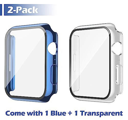 Misxi [2 Pack] Waterproof Anti-Scratch Case with Button for Apple Watch Series 6 SE Series 5 Series 4 44mm, Hard PC Cover with Tempered Glass Screen Protector for iWatch, 1 Blue + 1 Transparent - 2