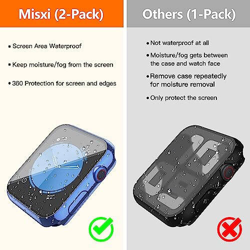 Misxi [2 Pack] Waterproof Anti-Scratch Case with Button for Apple Watch Series 6 SE Series 5 Series 4 44mm, Hard PC Cover with Tempered Glass Screen Protector for iWatch, 1 Blue + 1 Transparent - 3