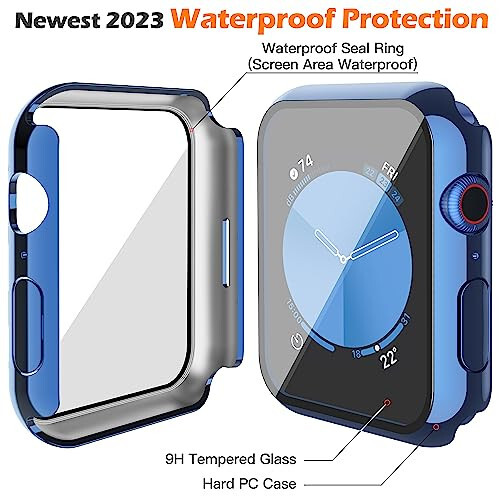 Misxi [2 Pack] Waterproof Anti-Scratch Case with Button for Apple Watch Series 6 SE Series 5 Series 4 44mm, Hard PC Cover with Tempered Glass Screen Protector for iWatch, 1 Blue + 1 Transparent - 5