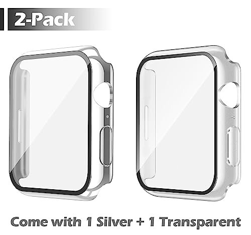 Misxi [2 Pack] Waterproof Anti-Scratch Case with Button for Apple Watch Series 6 SE Series 5 Series 4 44mm, Hard PC Cover with Tempered Glass Screen Protector for iWatch, 1 Silver + 1 Transparent - 2