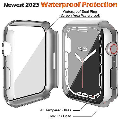 Misxi [2 Pack] Waterproof Anti-Scratch Case with Button for Apple Watch Series 6 SE Series 5 Series 4 44mm, Hard PC Cover with Tempered Glass Screen Protector for iWatch, 1 Silver + 1 Transparent - 5