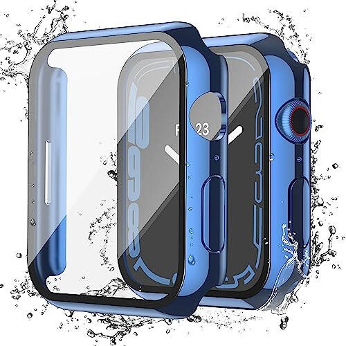 Misxi [2 Pack] Waterproof Anti-Scratch Case with Button for Apple Watch Series 9 (2023) Series 8 Series 7 45mm, Hard PC Cover with Tempered Glass Screen Protector for iWatch, 1 Blue + 1 Transparent - 1