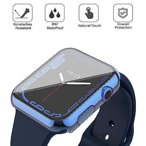 Misxi [2 Pack] Waterproof Anti-Scratch Case with Button for Apple Watch Series 9 (2023) Series 8 Series 7 45mm, Hard PC Cover with Tempered Glass Screen Protector for iWatch, 1 Blue + 1 Transparent - 4